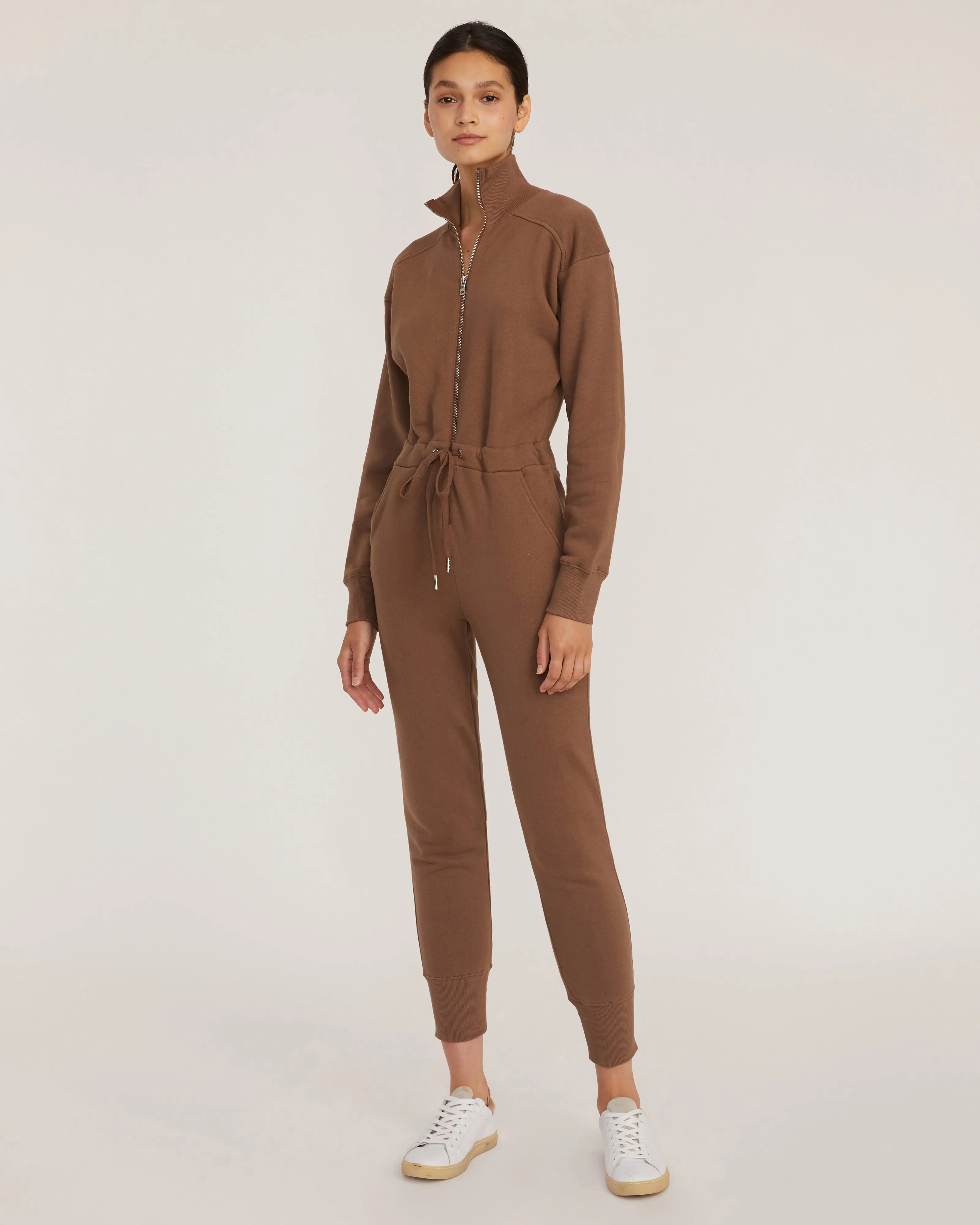 Red-Eye Zip Front French Terry Jumpsuit in Cognac