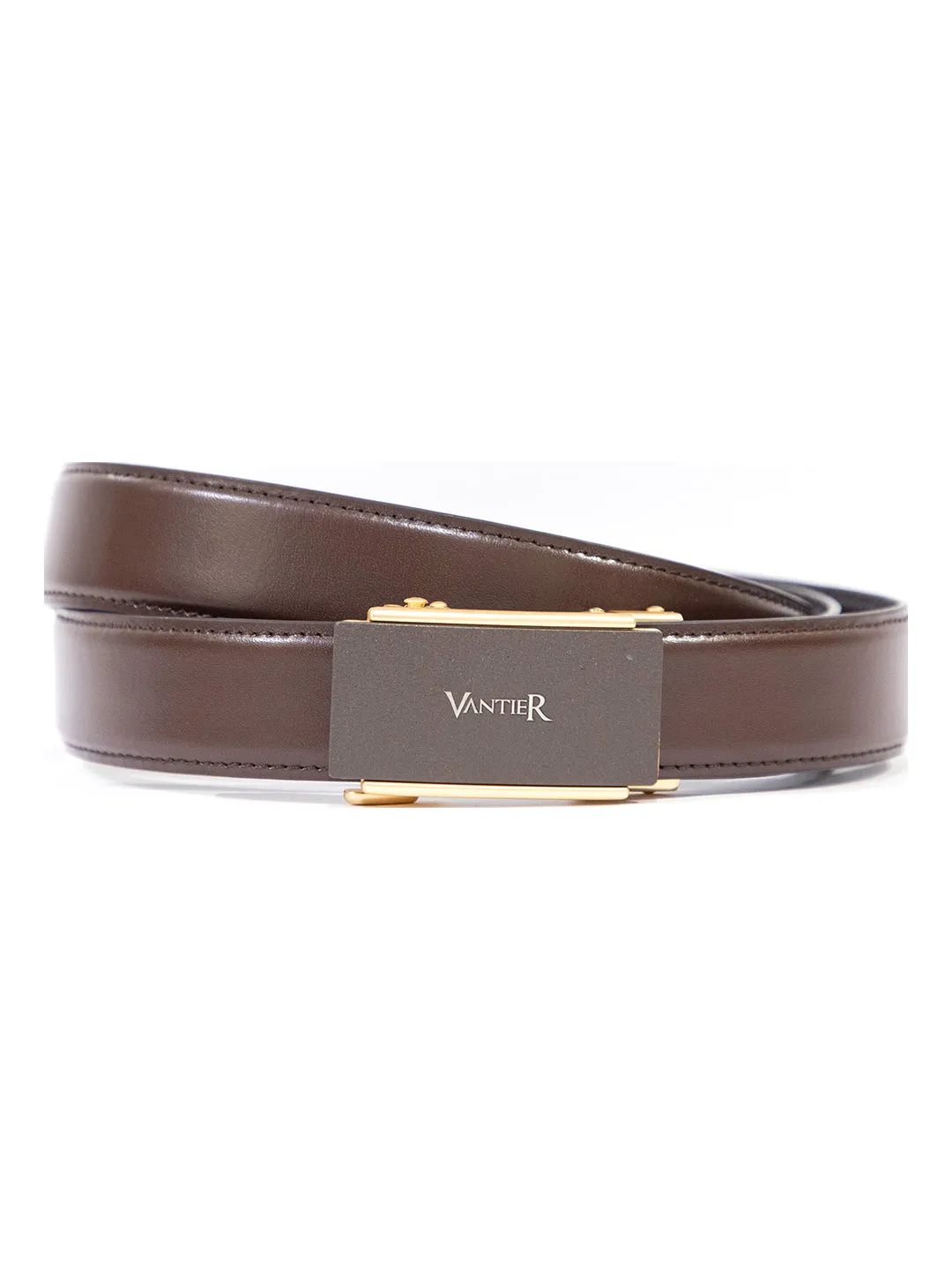 Vantier Luxury No Hole Belt Coffee Colour Black Gold Matt Buckle A7