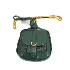 Vintage 1930s Equestrian Brooch Brass Horse Crop and Miniature Saddle Bag Green Leather Vintage 1930s Equestrian Brooch Brass Horse Crop and Miniature Saddle Bag Green Leather